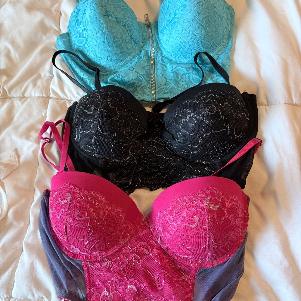 Bundle Lace Underwire Bra Trio - Turquoise, Black, Fuchsia